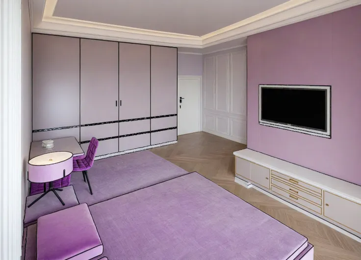 neoclassical (bed room : 1.3 )  interior, white tone, wooden floor, gray carpet, ceiling light, light purple sofa and flower, pi...