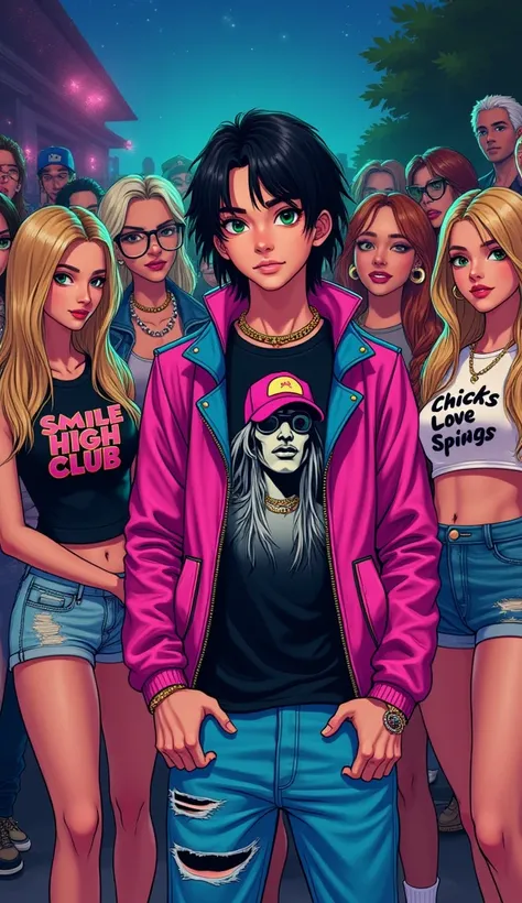 thin male, white American teen boy 20 years old with medium length black hair, wears a black shirt with a horror comic figure print and a bright pink blue leather jacket, shaved and his friends, boys und girls, snapback, Many people, house party, outside t...