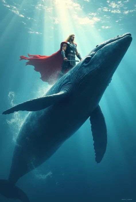 Thor traveling in a big blue whale with his hammer

