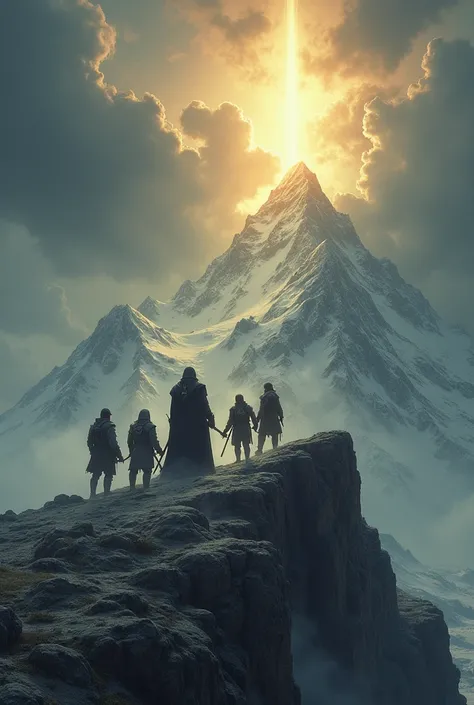 "Draw a majestic and desolate scene on top of a mountain, with the sky heavy with dark clouds that open to reveal rays of golden light. A panoramic view, where you can see 4 people fighting with a mysterious figure."