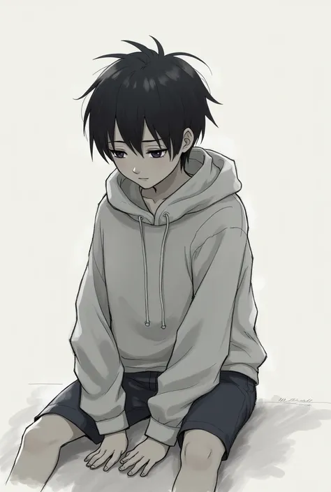 ### Descriptive Tags expressionless, black hair, layered bangs, casual clothing, hoodie, sitting pose, looking down, monochrome background, soft lighting, quiet atmosphere, sketch style, drawing ### Caption "A boy , wearing a hoodie, sits quietly looking d...