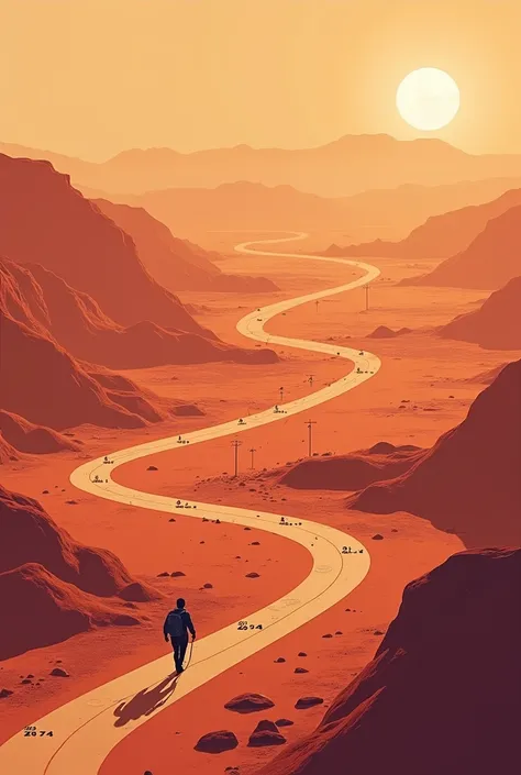  An infographic-style image showing the timeline of a trek across Mars. It includes a small figure walking across the planet, with time markers indicating the days and hours required. The background features Mars’ reddish terrain, and the timeline is overl...