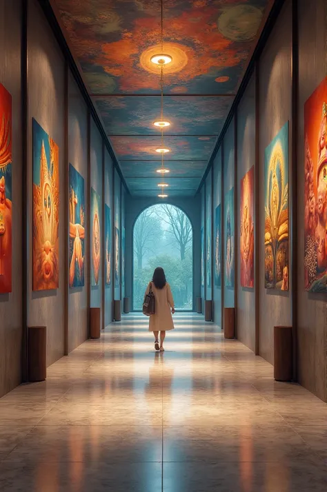 Make an introductory hallway to a meditation room, with surrealist paintings 