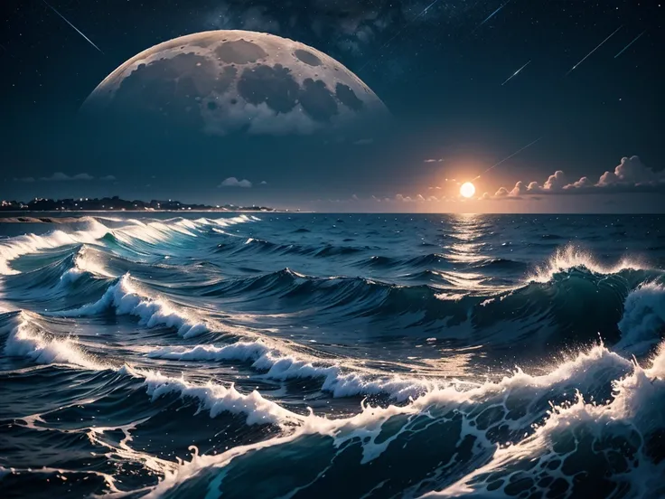 Moon Sea: The full moon rises above the sea、The reflection sways in the waves。The night sky is a deep blue、star々is shining down on the moon。Around the moon、Fantastic clouds are floating。