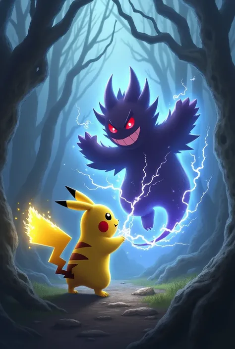 Pikachu and Gengar battle in a haunted forest. Pikachu uses its electric shocks to light up the dark surroundings, while Gengar uses its ghostly powers to vanish and reappear, creating eerie illusions.