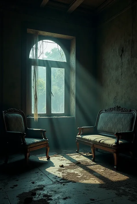 Prompt: "The dimly lit interior of an ancient haveli with broken furniture, cobwebs, and faded wallpaper, illuminated by moonlight filtering through dusty windows."