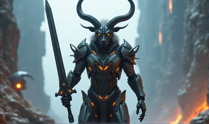 Human with goat legs in futuristic armor holding a sword