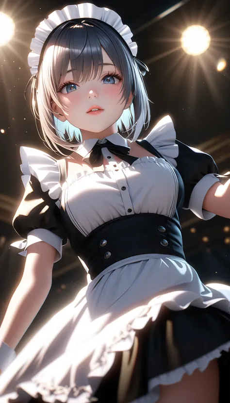 Obscene maid clothes、Sexy pose,From below、Face of about"Create an ultra-high resolution image with photorealistic details, 8K quality, sharp focus, and impeccable lighting. Utilize advanced rendering techniques, ray tracing, and global illumination for max...