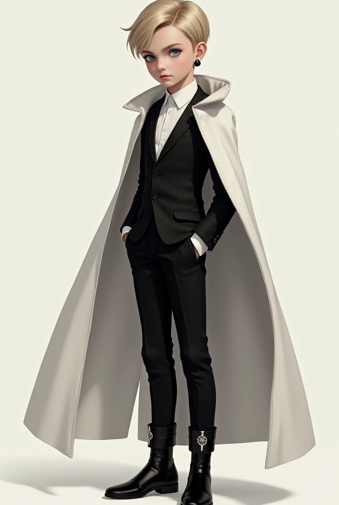 Make a picture of a  French boy with dark blonde hair and blue eyes, He is wearing a fitted black suit. This has an elegant design with clean, minimalist lines and is adorned with small silver details that reflect the light., He also wears a white cape tha...