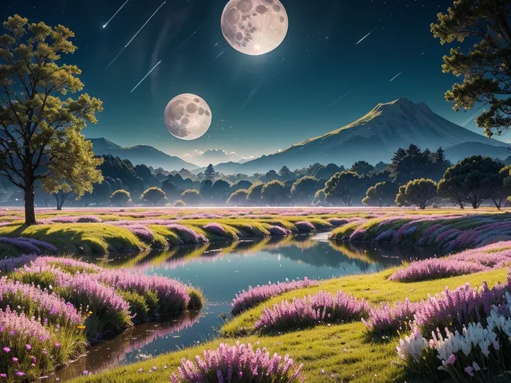 Dreamscape: The full moon has a strange shape、Surrounded by grasslands with colorful flowers。The summer night breeze is pleasant、Moonlight flowers々Illuminate the。