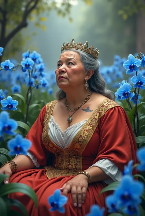 Chubby mature human queen from medieval fantasy, wrinkled face, but vibrant eyes. Sitting in a garden of blue orchids. serene face. Wearing a light red dress, with gold details. wearing a tiara. scar on the neck. round nose. full mouth. realisitic. 8k.