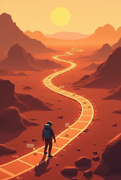  An infographic-style image showing the timeline of a trek across Mars. It includes a small figure walking across the planet, with time markers indicating the days and hours required. The background features Mars’ reddish terrain, and the timeline is overl...