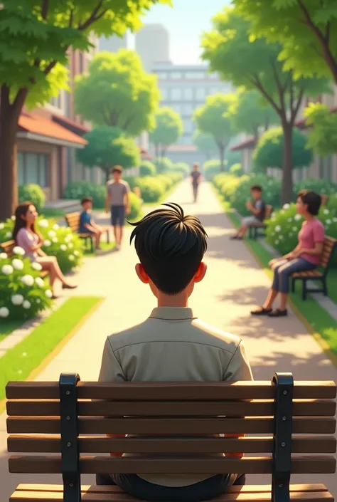  A sunny day in a small park. A character named Max and a formal haircut is sitting on a bench, looking thoughtful while Alfonso sees people 