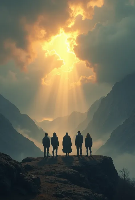 "Draw a majestic and desolate scene on top of a mountain, with the sky heavy with dark clouds that open to reveal rays of golden light. A panoramic view, where you can see 4 people facing a mysterious figure."