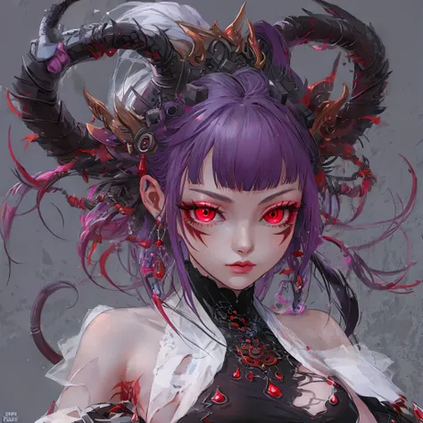 「Highest quality、4K、High resolution、masterpiece (1.2)」、Extremely detailed and realistic depiction (1.37)、「Perfect hands、Perfect Anatomy」 Create an illustration of a demon girl in the style of a Japanese anime character.。She is the daughter of Ushi-oni and ...