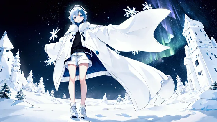 young man, Moa sleeves, Oversized sweater, Wearing a white winter coat, And the snowflake headdress, Mountain landscape, Aurora in the night sky. The character stands playfully next to a snowman., Lively and fun atmosphere, Under the soft light of stars an...