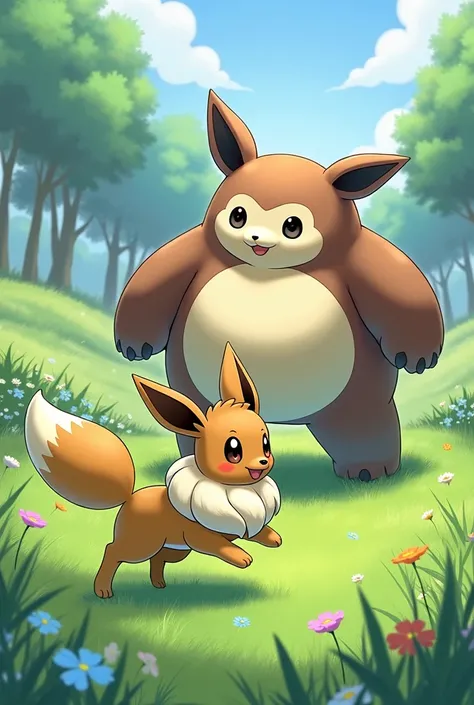 Eevee and Snorlax engage in a friendly competition in a meadow. Eevee, with its agility and multiple evolutions, darts around, while Snorlax, with its immense size and strength, blocks the path and tries to catch Eevee with its massive weight.