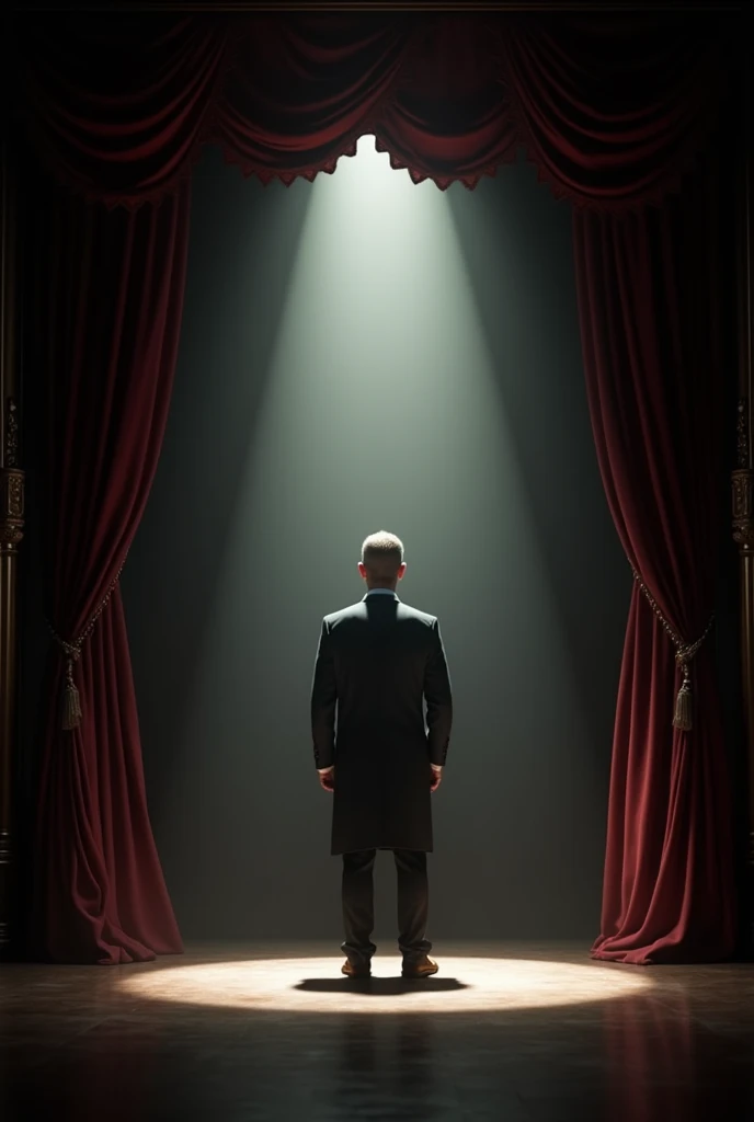 Image of a theatre and on stage opening the curtain, revealing the figure of a mysterious man of average height, average weight and about 50 years old whose face is not visible. 