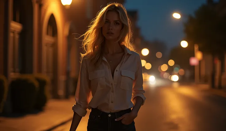 A blonde woman with wavy hair walking confidently down a dimly lit street at night, wearing a well-fitted, casual shirt that subtly accentuates her medium-sized chest. The shirt is simple and modest, yet the fit highlights her natural curves in a tasteful ...