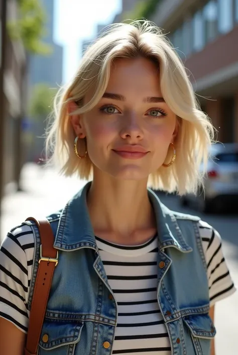 Blonde hair styled in a straight bob, Striped shirt with denim vest, and hoop earrings. She is standing outdoors in an urban environment、There is a building, car, Background tree々. The lighting is natural、The shadow falls on the right side, Create a casual...