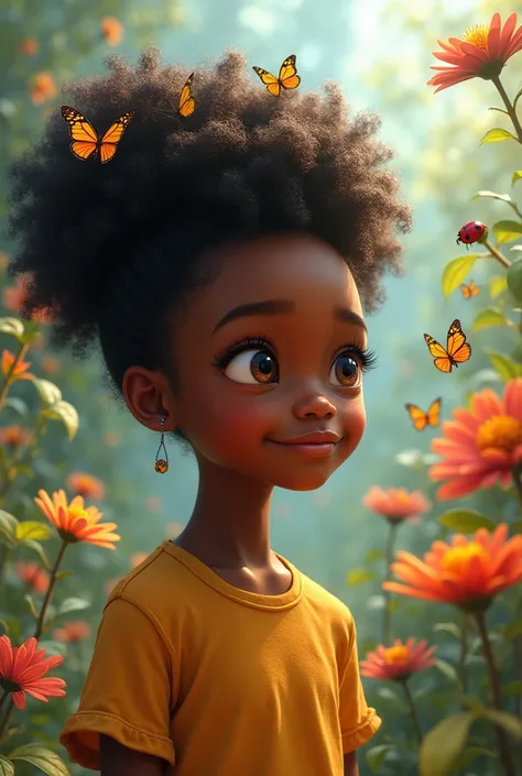 Black teenage girl with an amazed expression on her face and red ladybug in her hair standing in a butterfly garden with beautiful butterflies and flowers everywhere