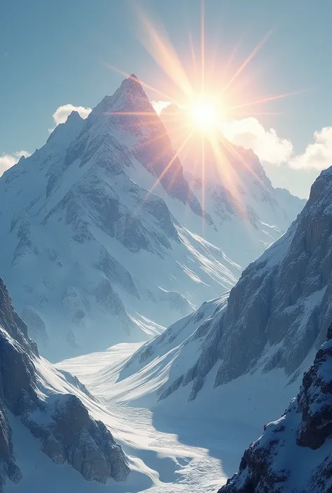 Sun rays hitting on ice capped mountains