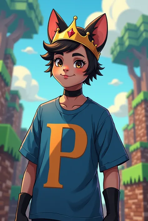  in a shirt with a p on the shirt in the front minecraft crepes behind and black gloves blue shirt and crown like a person 