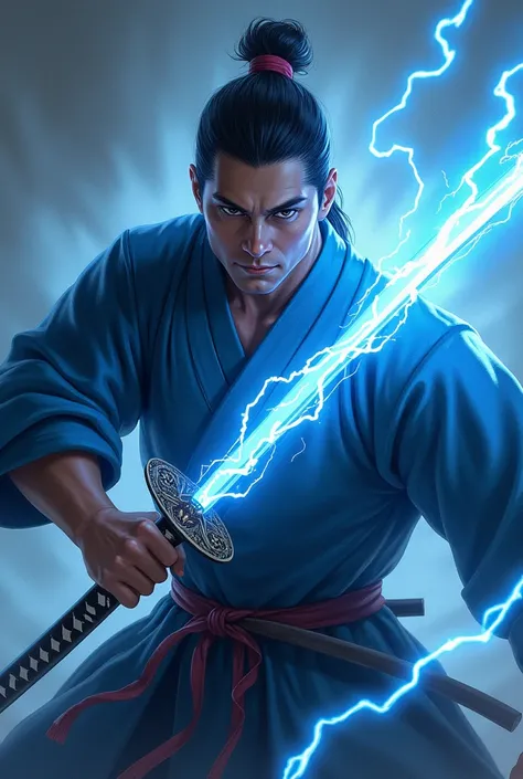 A man holding a katana with both hands with blue thunder in katana