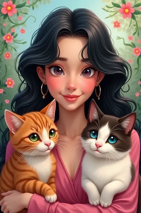 A black hair woman wear pink shirts with red tabby cat and himalayam siamese cat disney style