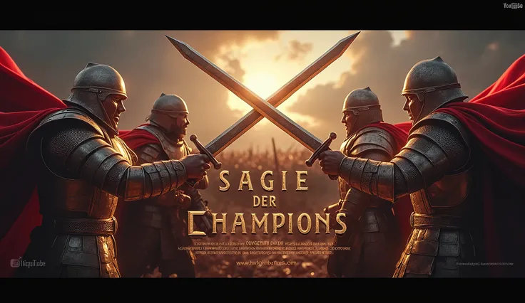 "Create a high-impact YouTube banner for the channel Sage der Champions: Epische Konflikte with a cinematic movie poster style. The banner should feature epic battle scenes, crossed swords, and shields, with a color scheme of deep red and metallic gold. Th...