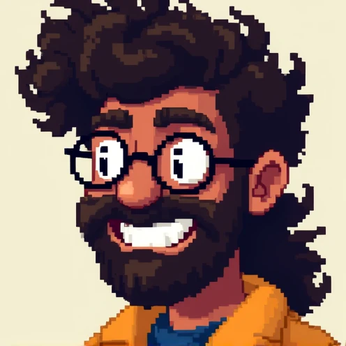 create a pixelated character with glasses, dark-skinned, curly mullet hair, big nose, big ears, round face, with a happy face, dark brown mustache and beard, about 20 years