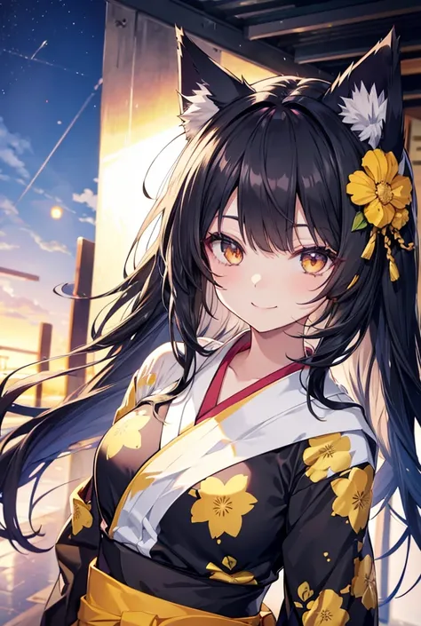 smile, High resolution, Black Hair, Wolf Ears, smile, Anime Style, Golden Eyes, yukata,
