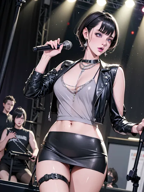 1，Black short hair，Photorealism，detailed，masterpiece， (Lean), Young Girls，Short leather skirt、Dark leather jacket，1，aldult, (Punk Girl)，Earrings、Lip Studs，Dark eyeshadow，high quality，Playing purple bass，band playing，microphone，High resolution 4K informatio...