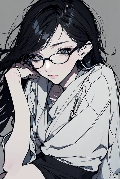 One girl, Long Hair, Black Hair，Round Glasses，piece，Simple Background, Disheveled Hair, Earrings， Character portrait, Monochrome，