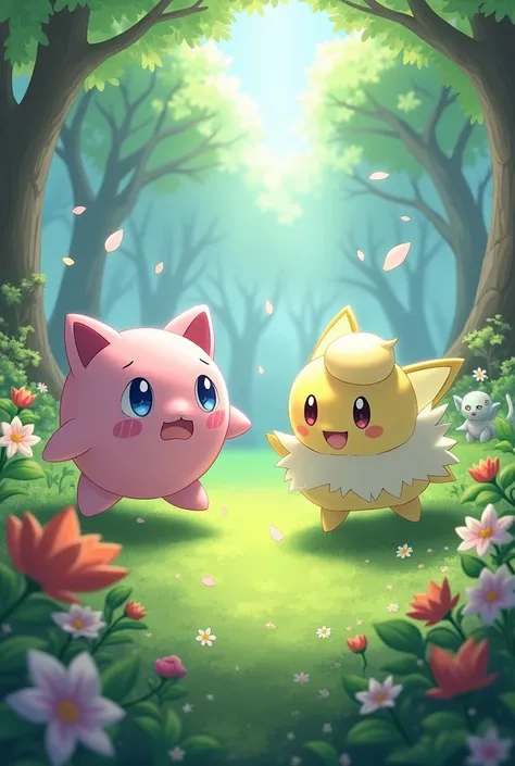 Jigglypuff and Clefable have a musical showdown in a magical glade. Jigglypuff uses its lullaby to put opponents to sleep, while Clefable sings its own enchanting tunes, creating a soothing yet competitive atmosphere.