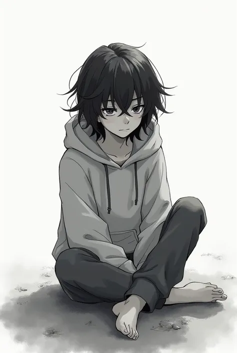 ### Descriptive Tags expressionless, black hair, layered bangs, casual clothing, hoodie, sitting pose, looking down, monochrome background, soft lighting, quiet atmosphere, sketch style, drawing ### Caption "A boy , wearing a hoodie, sits quietly looking u...