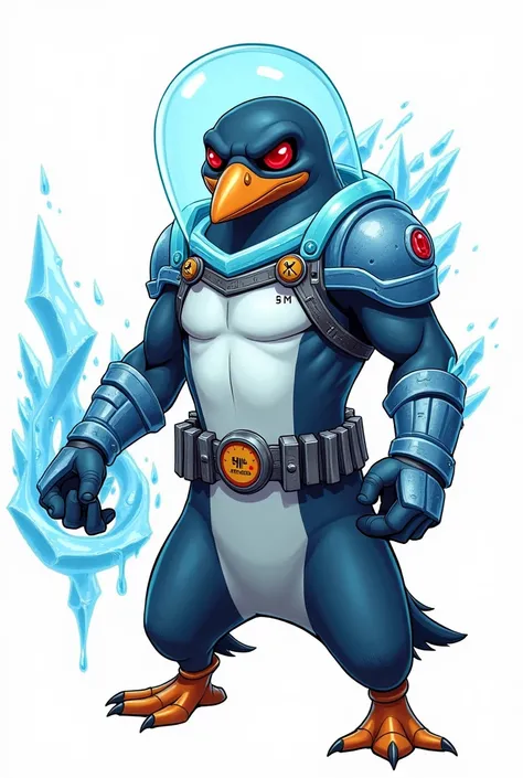 I want a picture of a cool penguin in Mr Freeze&#39;s costume that is a 2d animated drawing, Remember to add the characteristic glasses that are round and have deep red crystals that cover their eyes. , The suit must have a helmet made of glass which must ...