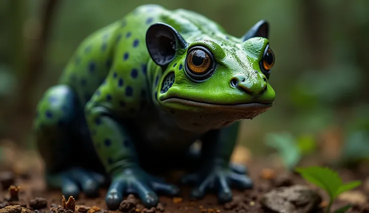 A close-up wildlife photo, captured with a Nikon Z 9 camera using a Nikon Z 600mm f/4 TC VR S lens, featuring a hybrid creature with the sleek black body of a jaguar and the head of a large green frog. The jaguar’s muscular form is in sharp contrast to the...