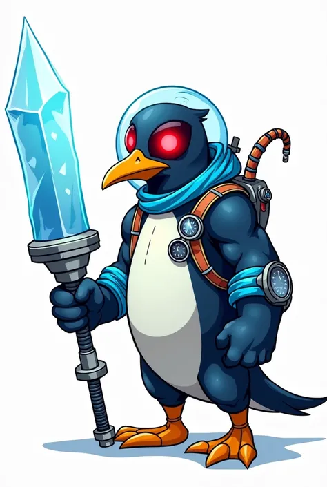 I want a picture of a cool penguin in Mr Freeze&#39;s costume that is a 2d animated drawing, Remember to add the characteristic glasses that are round and have deep red crystals that cover their eyes. , The suit must have a helmet made of glass which must ...