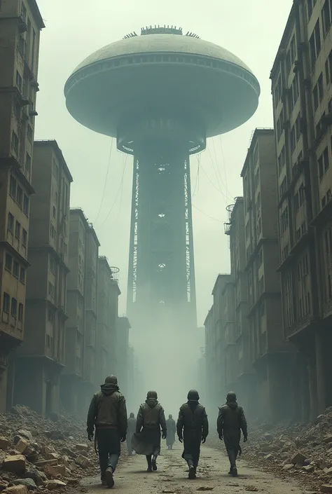 Futuristic brutalist so iet architecture destopian with a huge object pending in the sky controling cyborg humanoïdes population wearing human used clothes ,dark atmosphere with destroyed street 