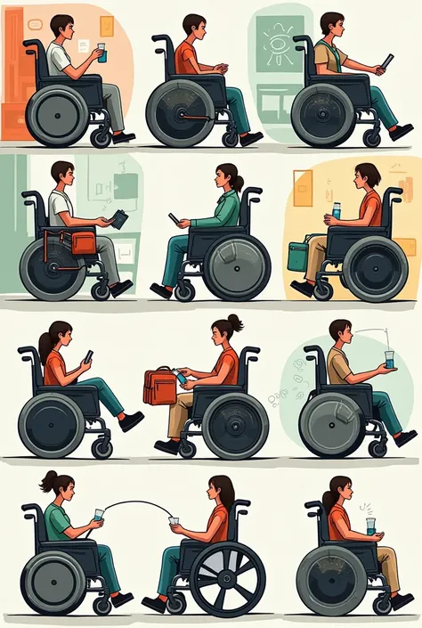 in a comic version of wheelchair with Current Problem: Limited storage for personal items and medical supplies.
Future Solution: Design of wheelchairs with built-in storage compartments and detachable storage solutions. In 10 slides of single a4 sheet
