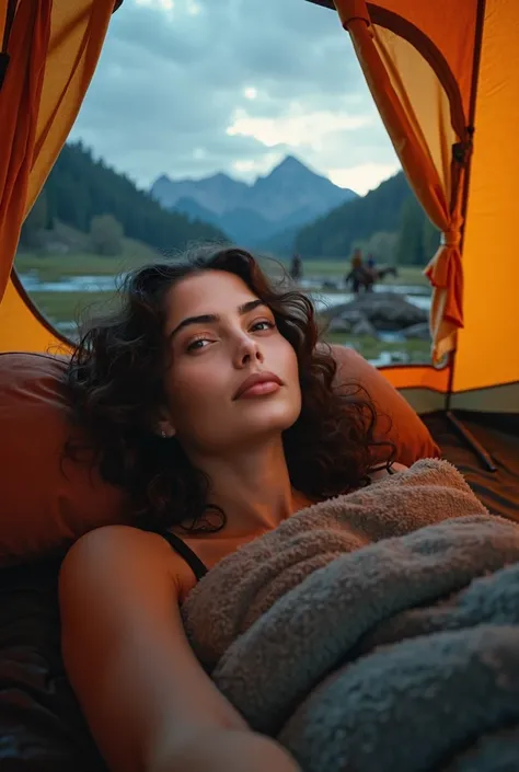 beautiful 29 yo persian-russian girl [Vladlena Farideh|Anahita Oksana], ((upper body selfie, happy)), Filming in a tent, Beautiful backlight, Tent Open Sign,Masterpiece, Best Quality, Ultra-detailed, Solo, exteriors, (natta), mountains, Nature, (sao, the m...