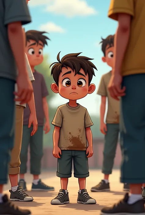 Draw a realistic cartoon of a boy wearing a dirty, torn shirt and he is standing sad and being bullied by his friends.