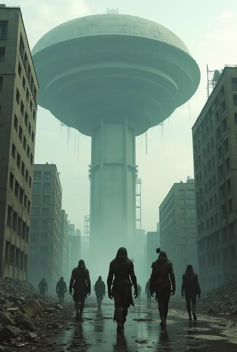 Futuristic brutalist so iet architecture destopian with a huge object pending in the sky controling cyborg humanoïdes population wearing human used clothes ,dark atmosphere with destroyed street make aerian view