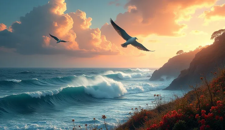 Nature view scene of a beautiful ocean withe big waves, flying birds in the sky, fluffy clouds, orange sky, wild plants, wild flowers, colorful, oil painting, cinematic, wallart, 8k wallpaper