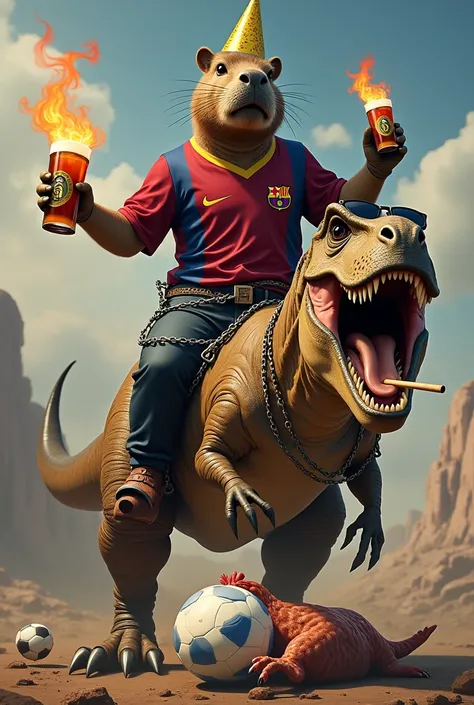 Realistic capybara wearing a Barcelona shirt, a birthday hat and a Stella Artois beer in one hand and in the other hand a flaming soccer ball; riding a T-Rex with chains and sunglasses that is smoking and squashing a chicken that is wearing a Real Madrid s...