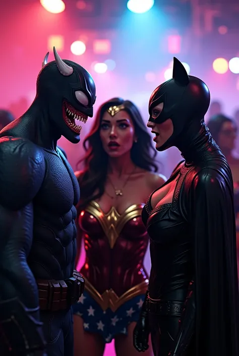 Venom, wonder woman and Capitan American and Catwoman seeing to someone with very shocked face at club 