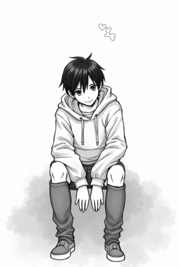 ### Descriptive Tags expressionless, black hair, casual clothing, hoodie, sitting pose, looking down, monochrome background, soft lighting, quiet atmosphere, sketch style, drawing ### Caption "A boy , wearing a hoodie, eye up, sits quietly looking up in a ...