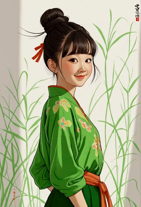 flat wind，vector，Childish art cartoon，Oil pastel graffiti，Cute Chinese style bangs in green top and pants, Cartoon Style, White background,Cute and dreamy, Kawaii illustration, Korean hairstyle，A bun on the head, Happy expression, Standing posture, Right h...