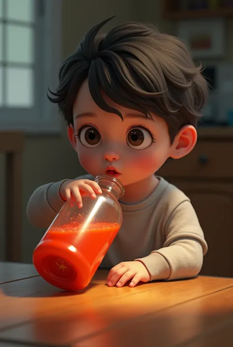 (photorealism:1.2), Child drinking toxic liquid from a bottle at home 